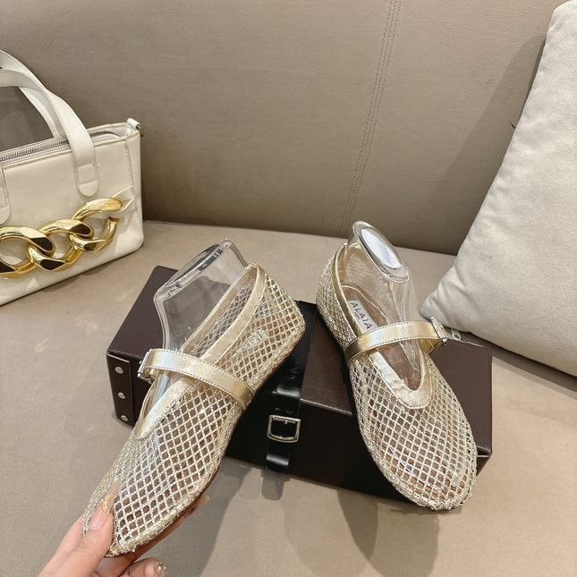 ALAIA 26S MESH FLATS IN LIGHT GOLD LAMBSKIN