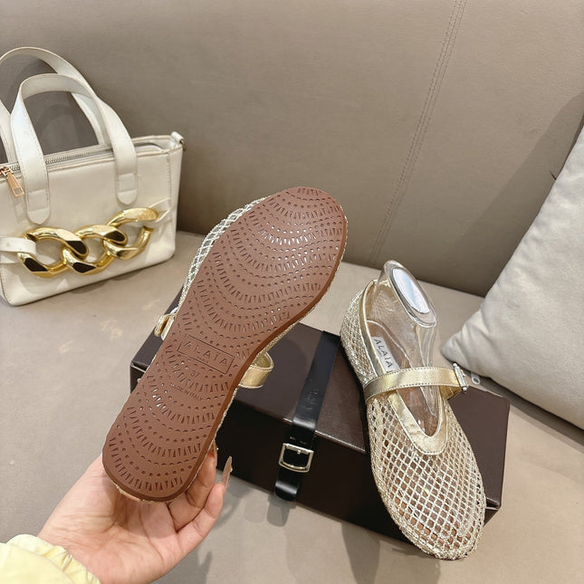 ALAIA 26S MESH FLATS IN LIGHT GOLD LAMBSKIN