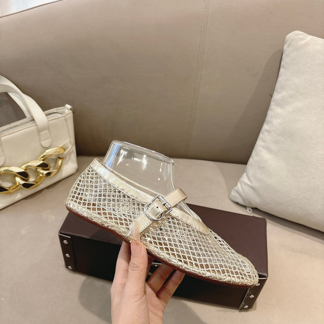 ALAIA 26S MESH FLATS IN LIGHT GOLD LAMBSKIN