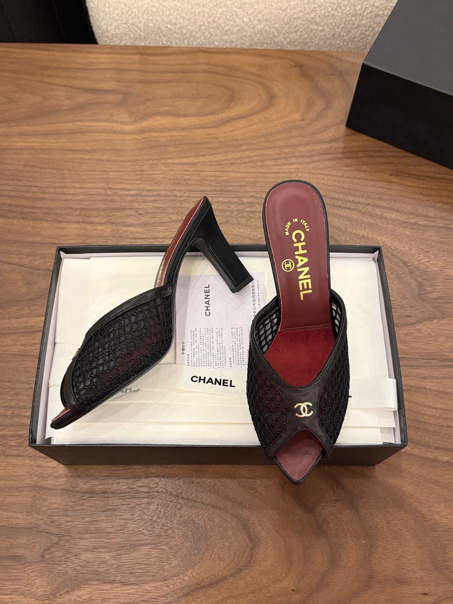 CHANEL 26S COCO BEACH MULES IN BLACK MESH AND FARBIC