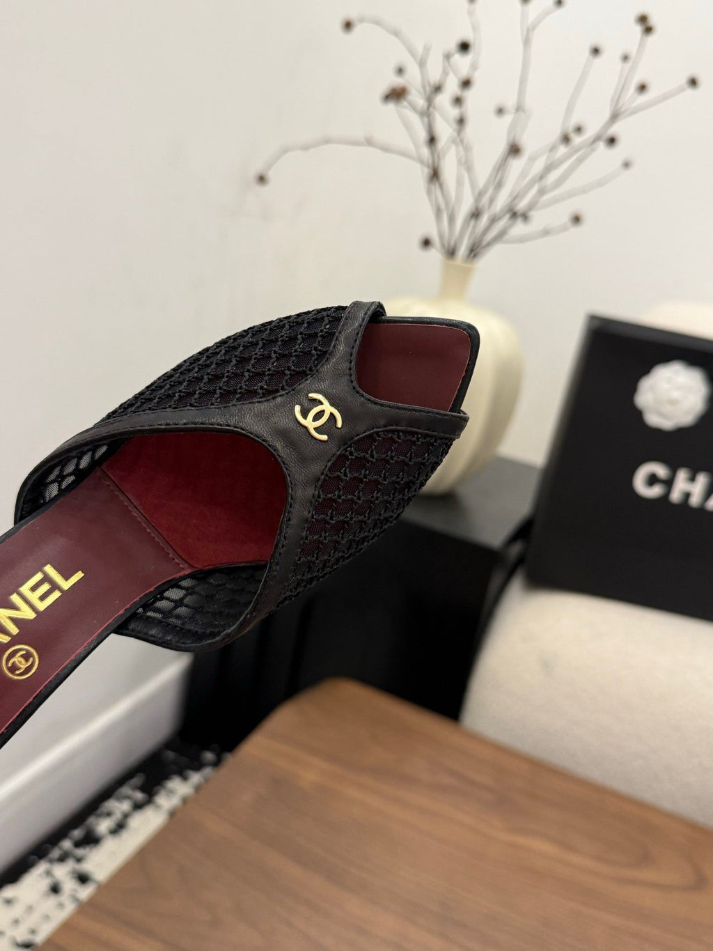 CHANEL 26S COCO BEACH MULES IN BLACK MESH AND FARBIC