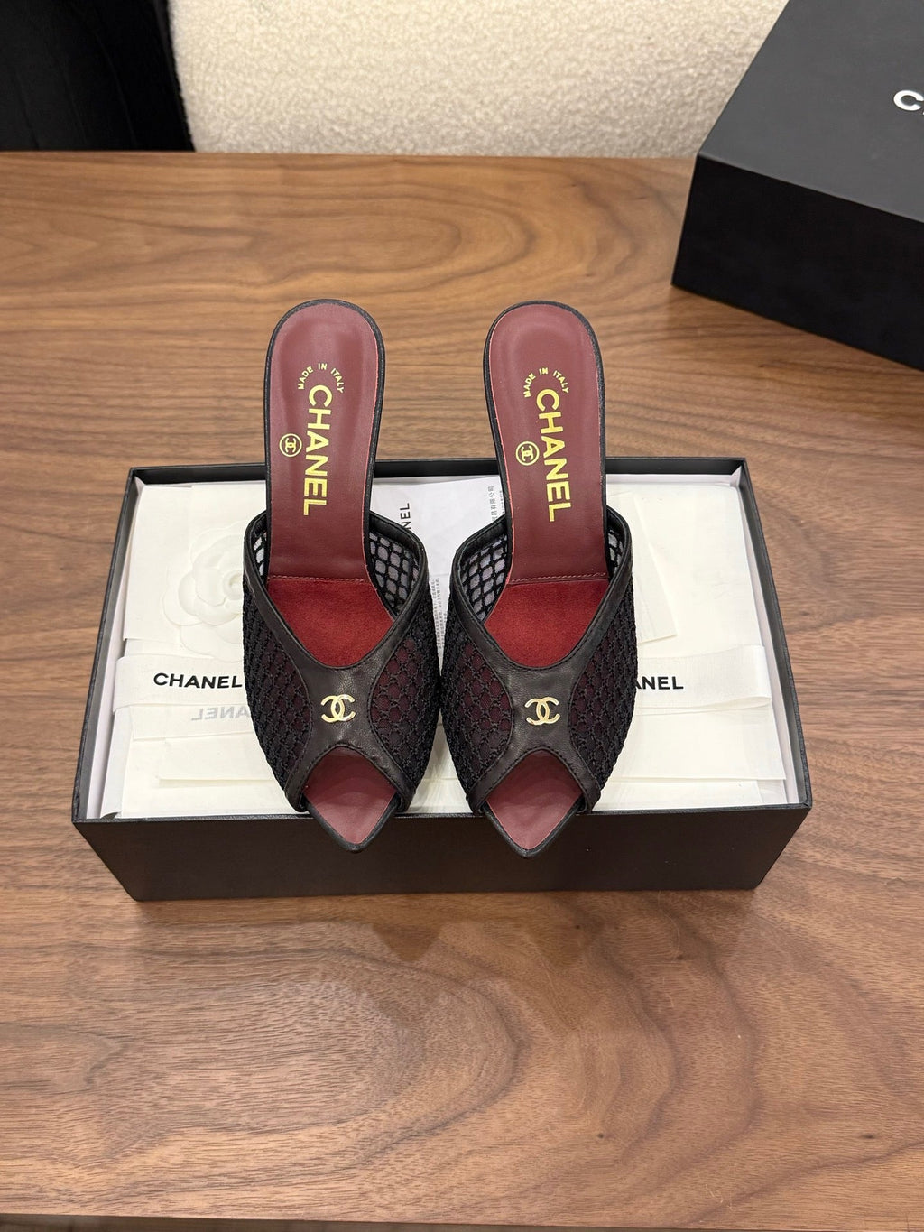 CHANEL 26S COCO BEACH MULES IN BLACK MESH AND FARBIC