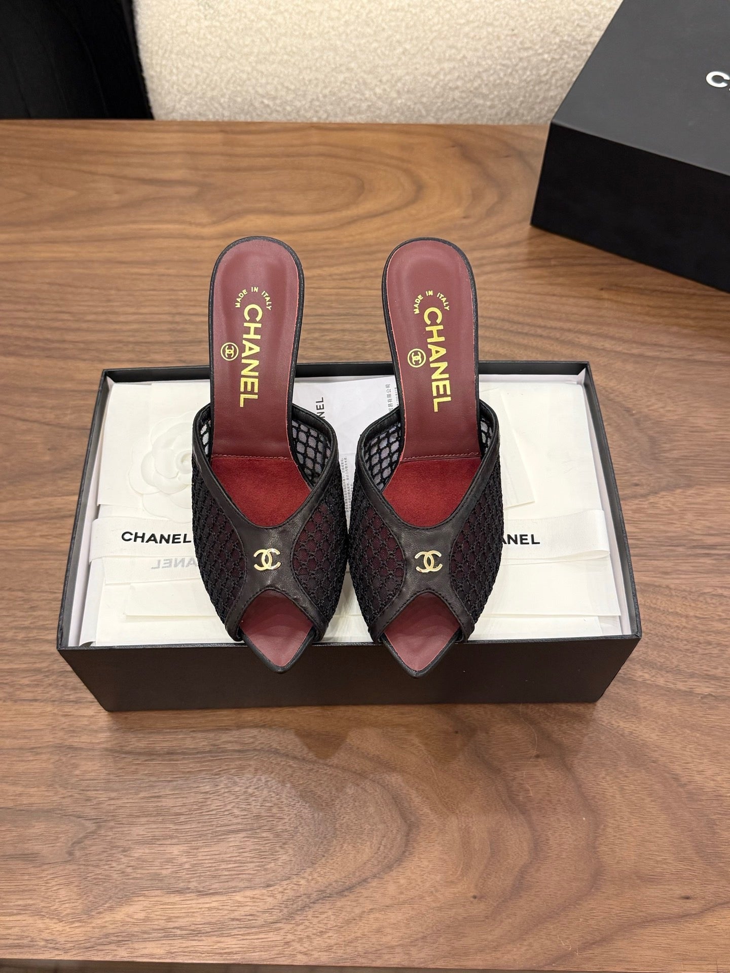 CHANEL 26S COCO BEACH MULES IN BLACK MESH AND FARBIC
