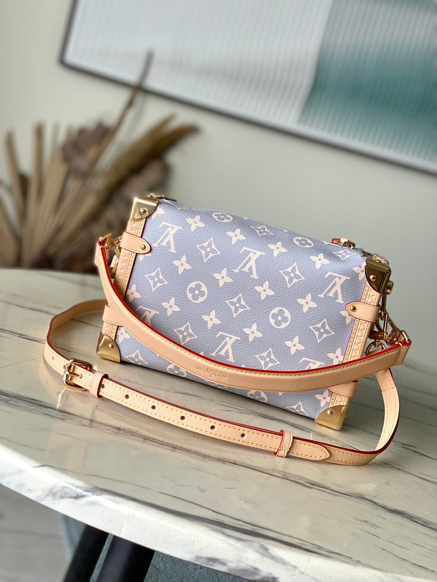 SIDE TRUNK 21 IN GRAY CREAM MONOGRAM TRIANON CANVAS GOLD HARDWARE