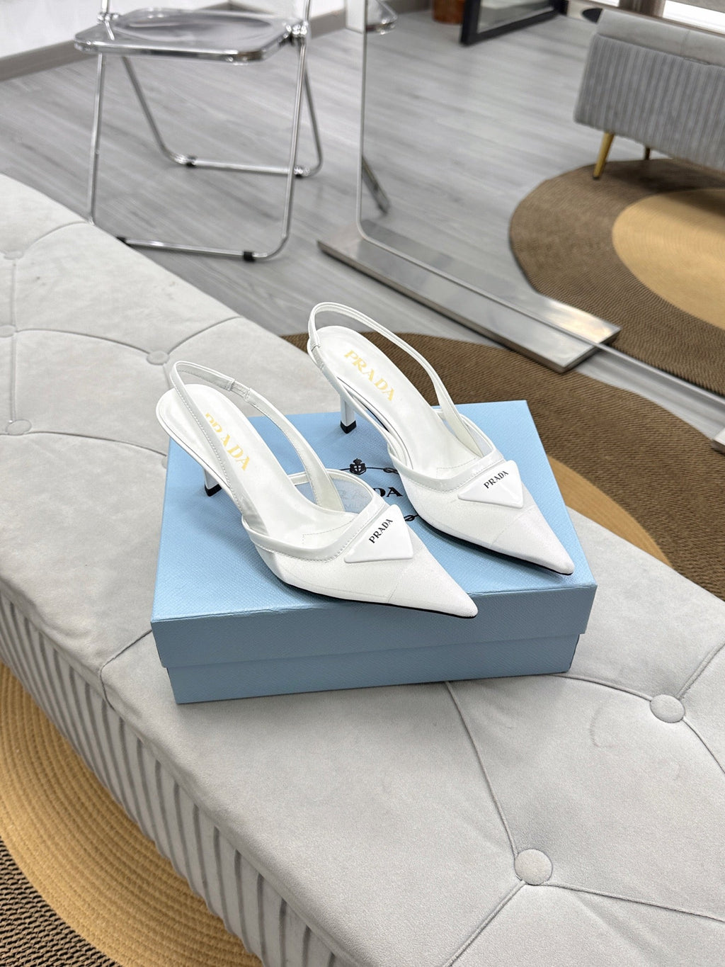 PRADA 25S TRIANGLE LOGO SLINGBACK PUMPS IN WHITE MESH FABRIC