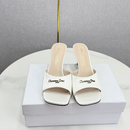DIOR 26S HIGH-HEELED MULES IN WHITE SATIN GOLD HARDWARE