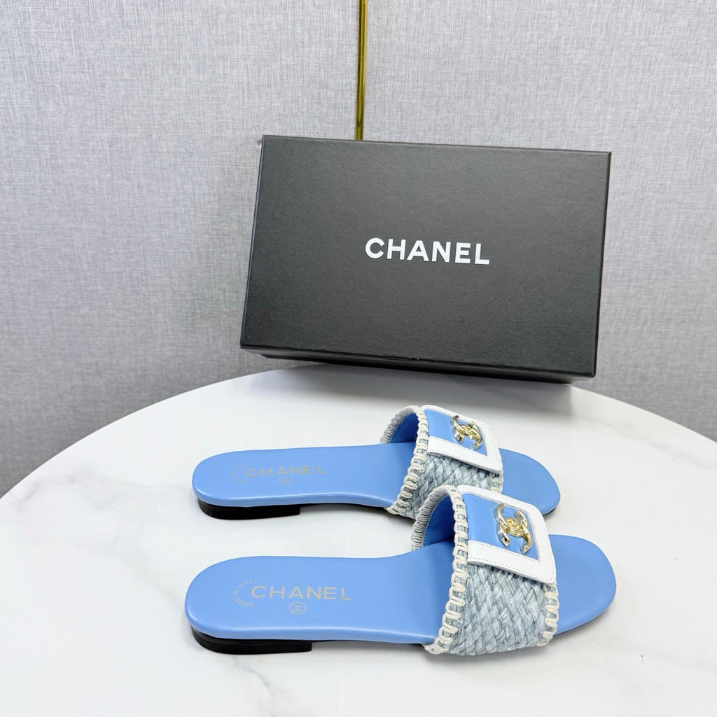 CHANEL 26S WOVEN STRAP SLIDES IN SKY BLUE LAMBSKIN