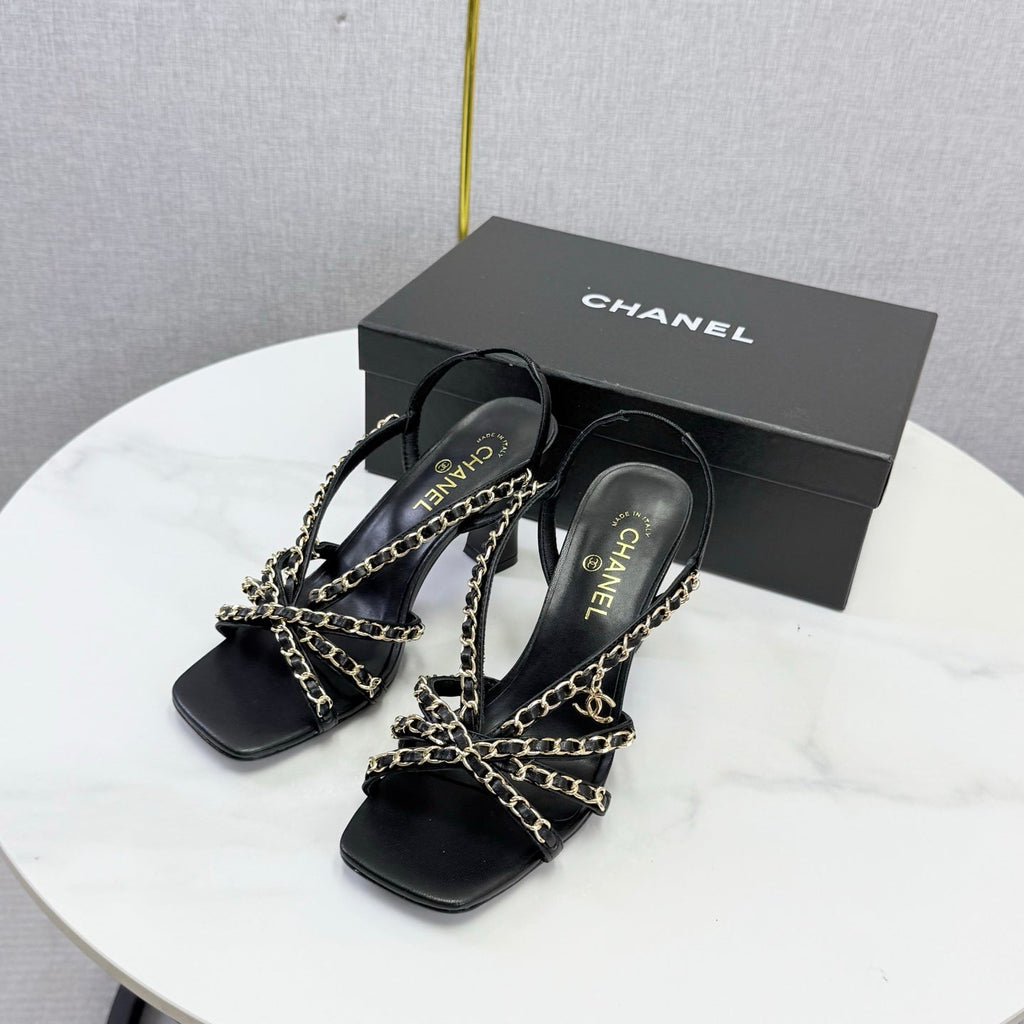 CHANEL 26S CHAIN STRAP HIGH HEELS 65 MM IN BLACK LAMBSKIN