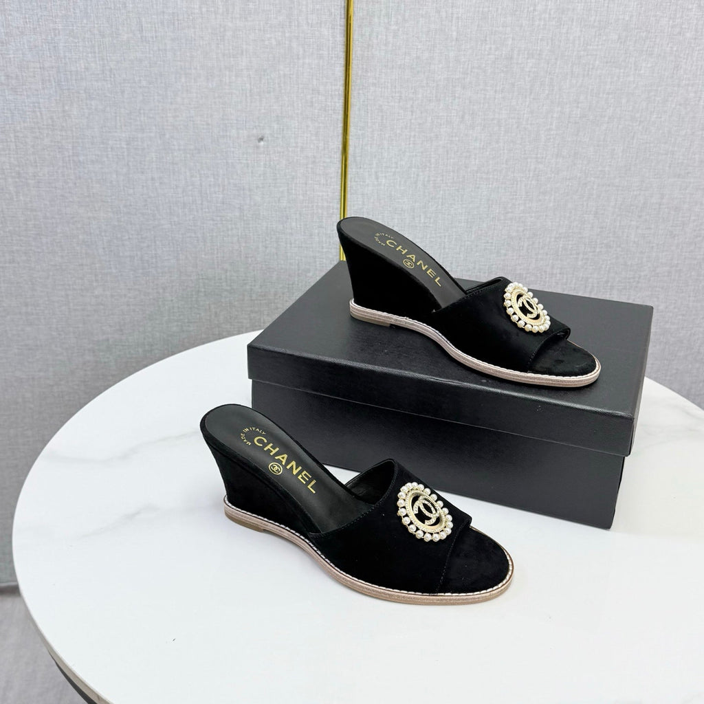 CHANEL 26S WEDGE HEELS IN BLACK SUEDE WITH CC PEARL EMBELLISHED