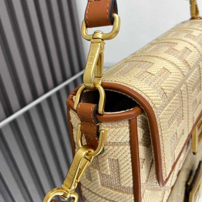 Fend Baguette Gold Tan Canvas Bag 27 with FF Embroidery Ghw