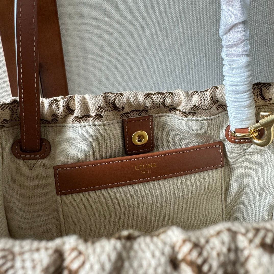 CELINE 26S CUIR CABAS HANDBAG 22 IN BROWN AND BEIGE CALFSKIN