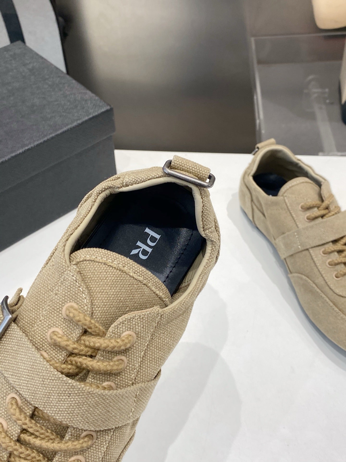 PRADA 26S SNEAKERS IN LIGHT BROWN FABRIC SILVER HARDWARE