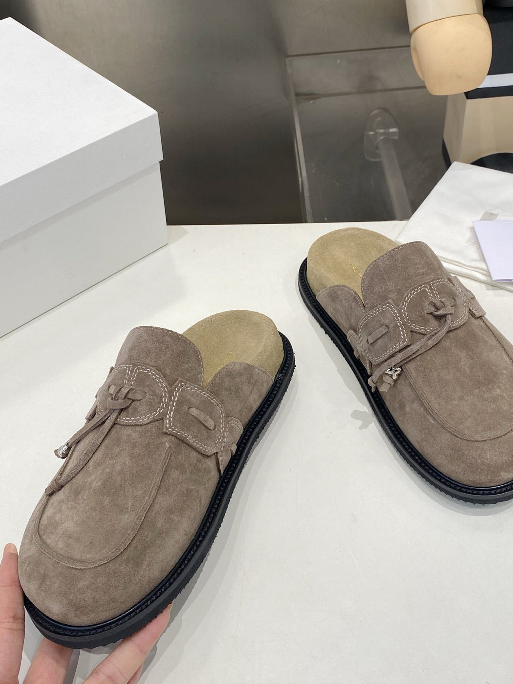 THE ROW 26S KNOT DETAIL MULE LOAFERS IN TAUPE BROWN SUEDE