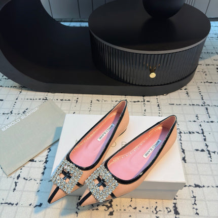 Hangisi 10mm Ballet Flat Pink Linen with Black Leather Jewel Buckle 161060