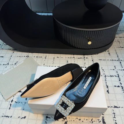 Hangisi 10mm Ballet Flat Black Linen and Leather Jewel Buckle 161063