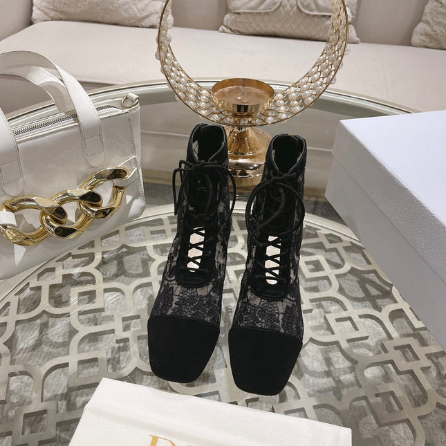 NAUGHTILY-D ANKLE BOOT BLACK TRANSPARENT MESH AND SUEDE EMBROIDERED WITH ROSES MOTIF 35 MM