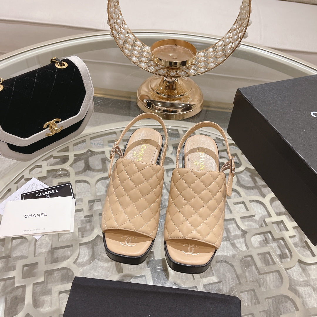 Double C  Chunky Heel Peep-Toe Open Sandals Beige Cream Lambskin