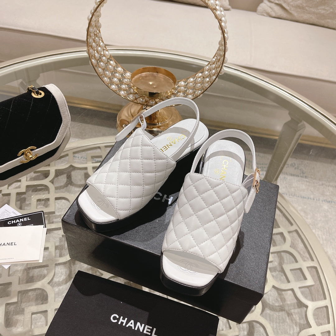 Double C  Chunky Heel Peep-Toe Open Sandals White Lambskin