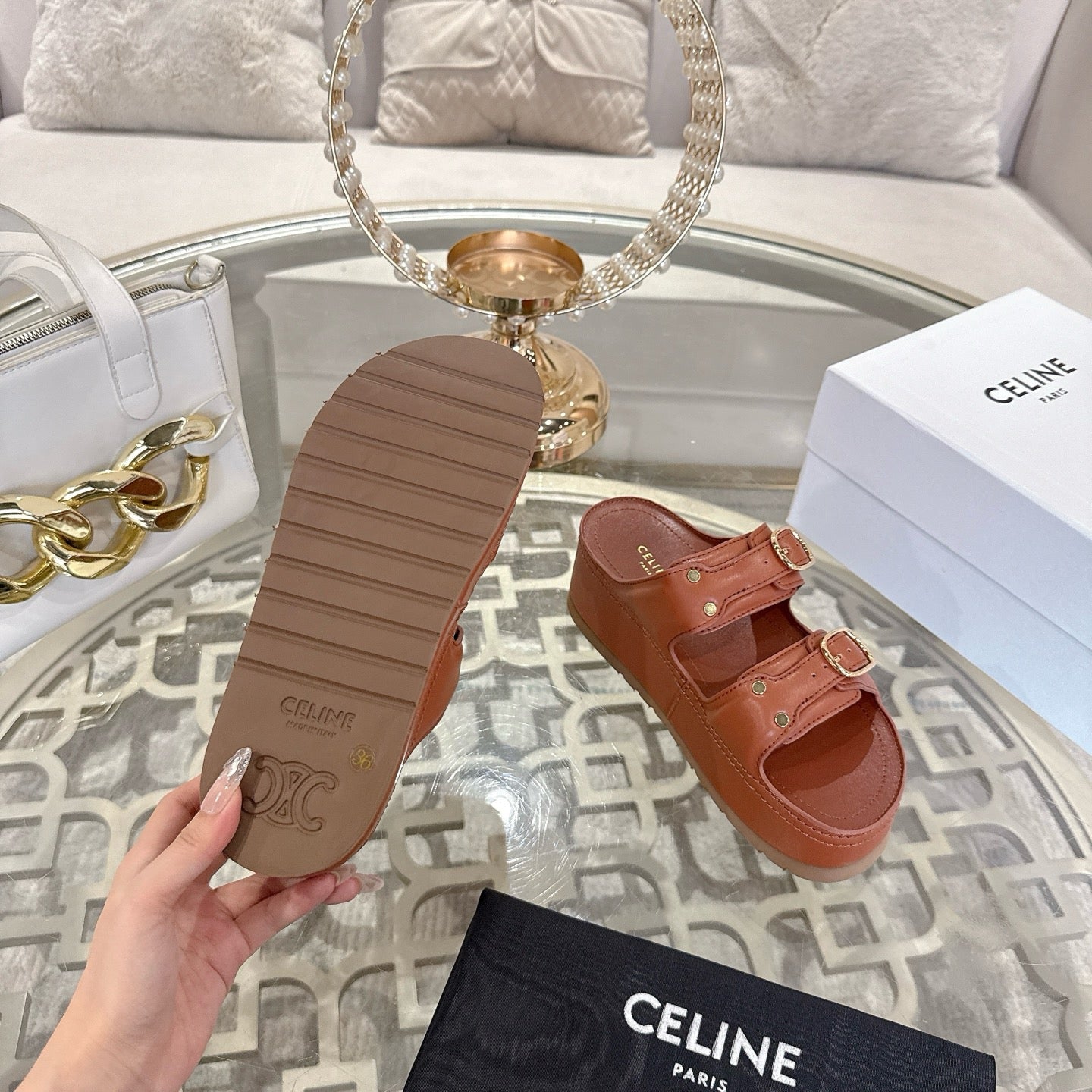 POLLY WEDGE MULE IN TAN BROWN SHINY CALFSKIN