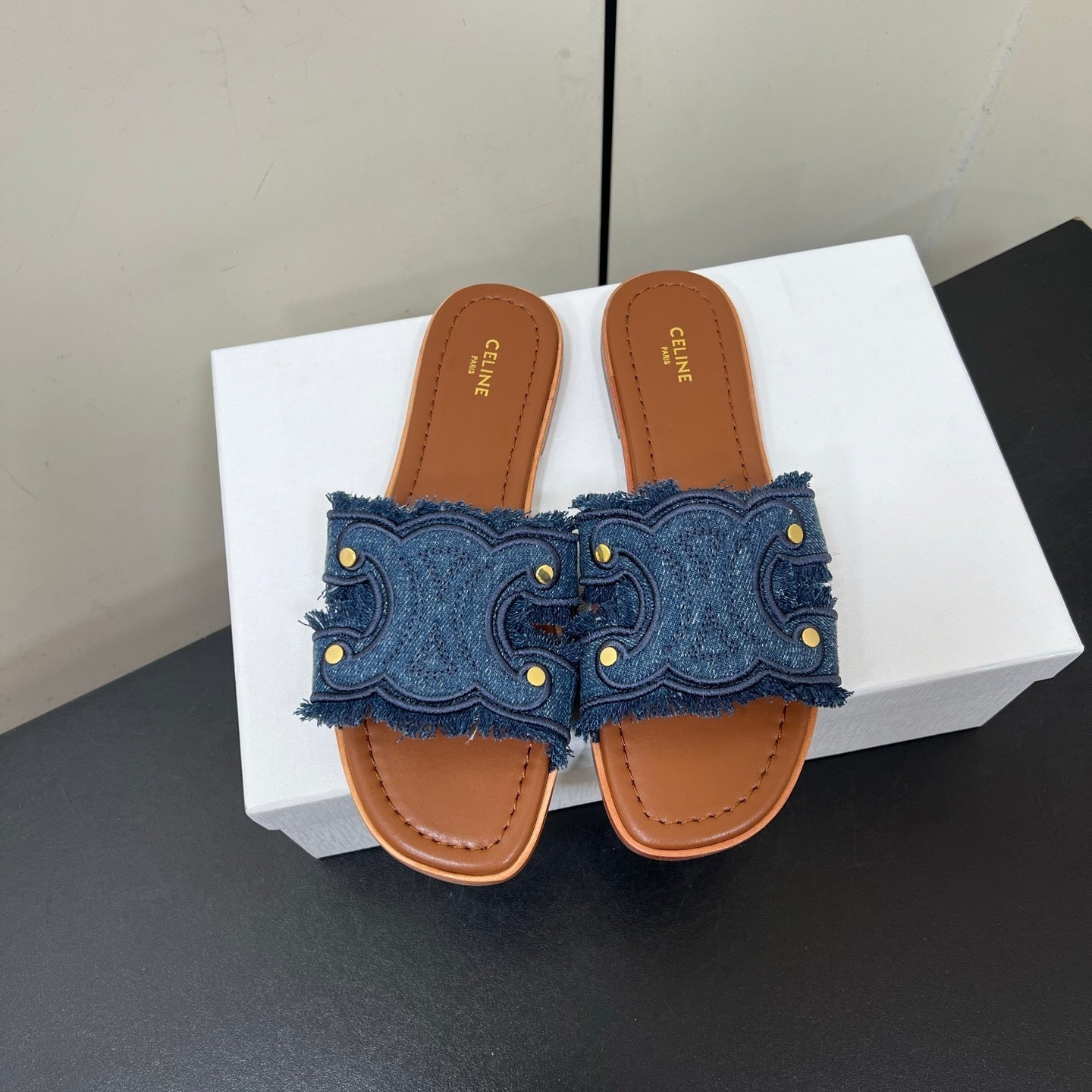 CELINE FLAT SANDALS IN BLUE TRIOMPHE DENIM