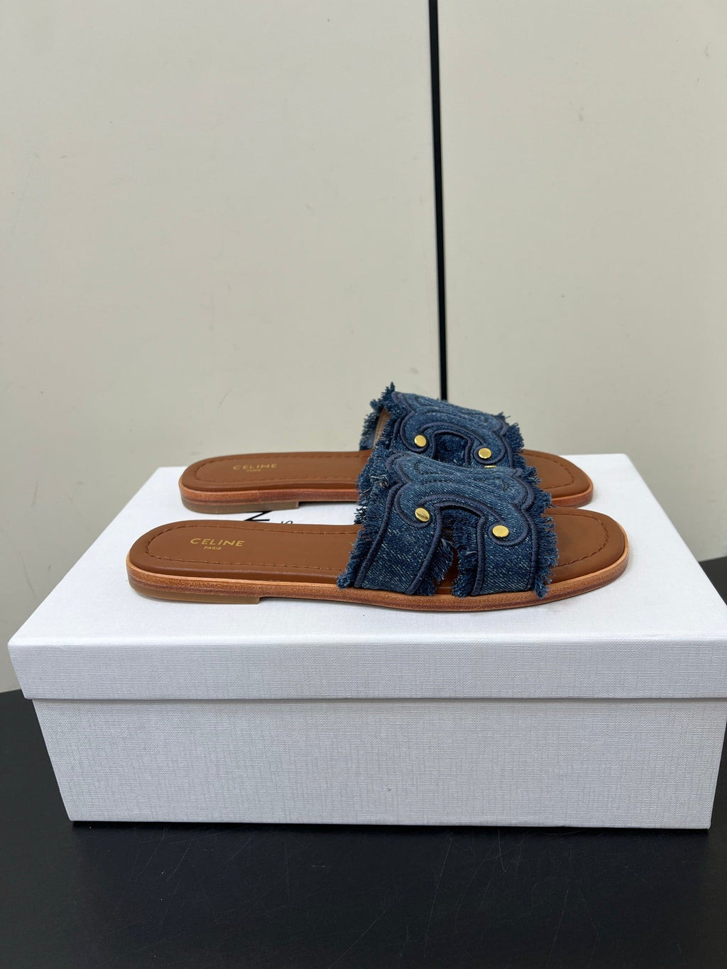 CELINE FLAT SANDALS IN BLUE TRIOMPHE DENIM