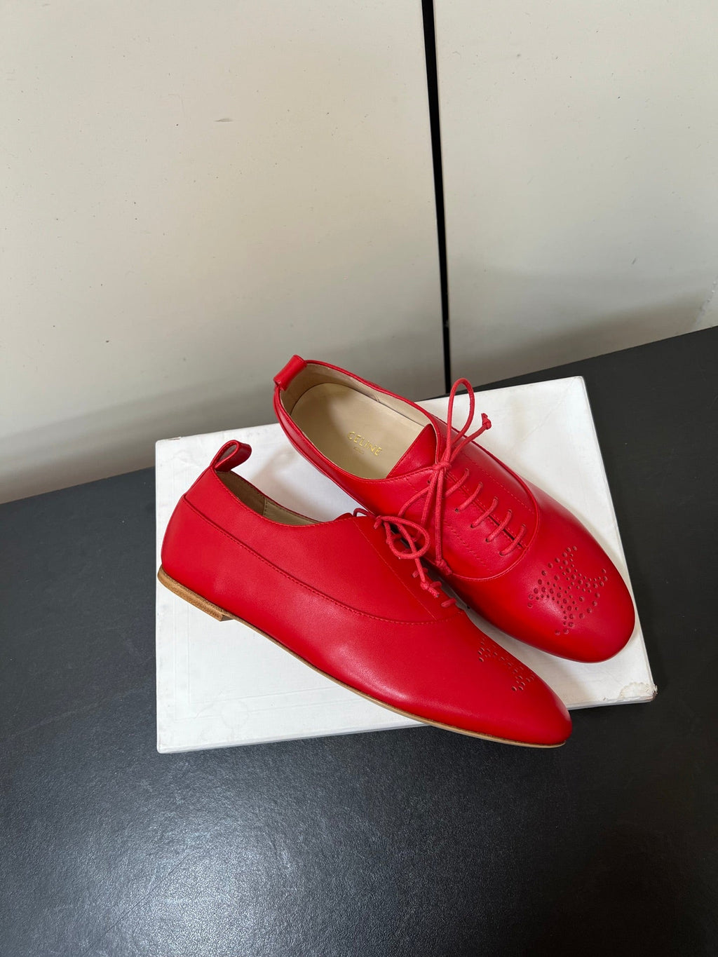 CELINE 26S MINIMAL LACE-UP SHOES IN RED CALFSKIN