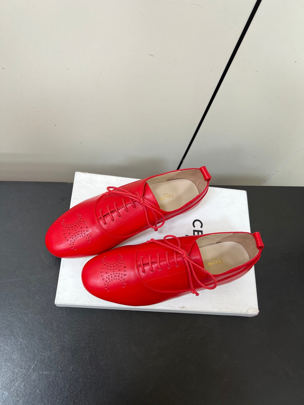 CELINE 26S MINIMAL LACE-UP SHOES IN RED CALFSKIN