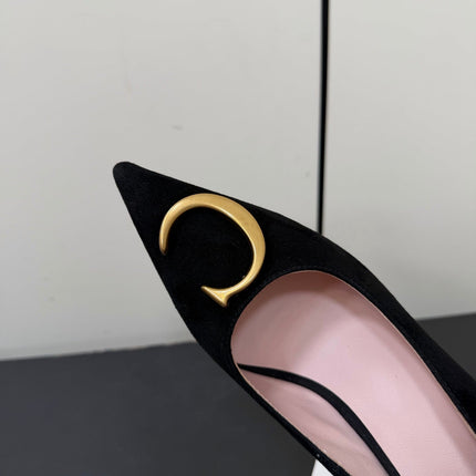 DIOR 26S POINTED-TOE HIGH HEELS 70MM IN BLACK SUEDE GOLD HARDWARE