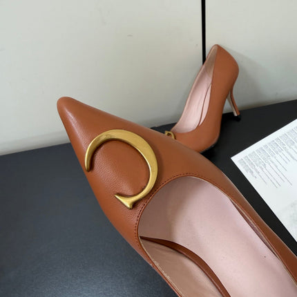DIOR 26S POINTED-TOE HIGH HEELS 70MM IN RUST BROWN CALFSKIN GOLD HARDWARE