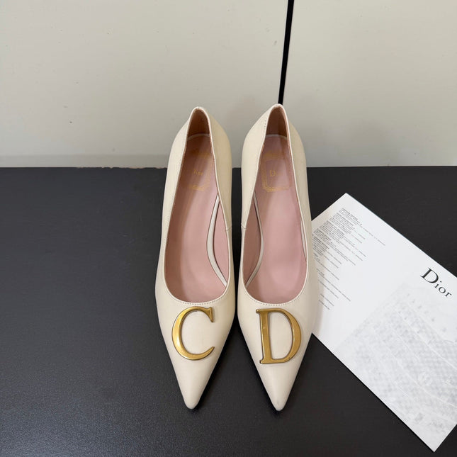 DIOR 26S POINTED-TOE HIGH HEELS 70MM IN CREAM WHITE CALFSKIN GOLD HARDWARE
