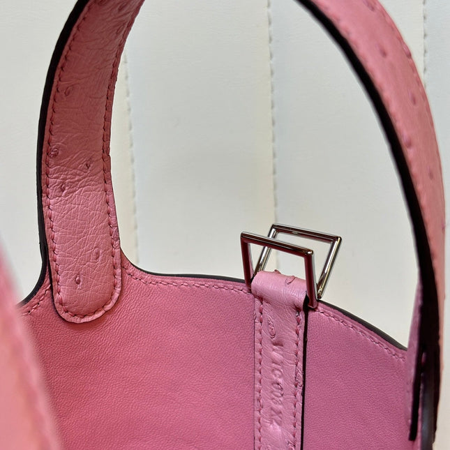 HM 25S PICOTIN LOCK 14 CM IN PINK OSTRICH WITH SILVER HARDWARE
