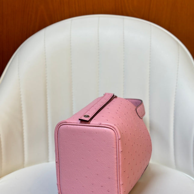 HM 25S PICOTIN LOCK 14 CM IN PINK OSTRICH WITH SILVER HARDWARE
