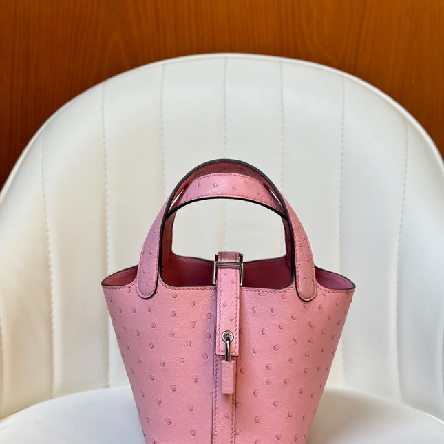 HM 25S PICOTIN LOCK 14 CM IN PINK OSTRICH WITH SILVER HARDWARE