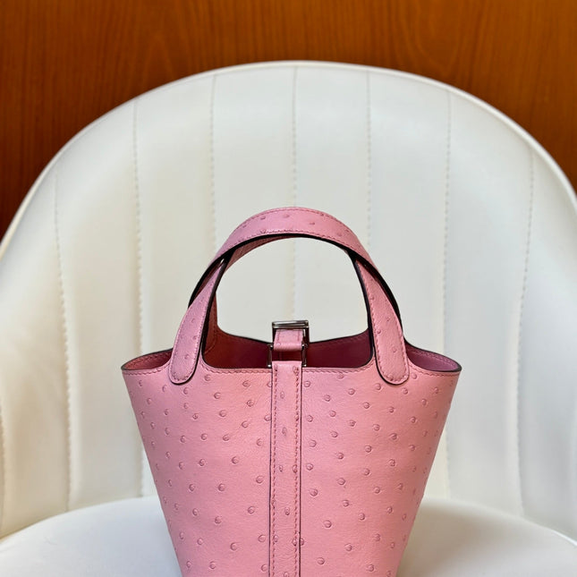 HM 25S PICOTIN LOCK 14 CM IN PINK OSTRICH WITH SILVER HARDWARE