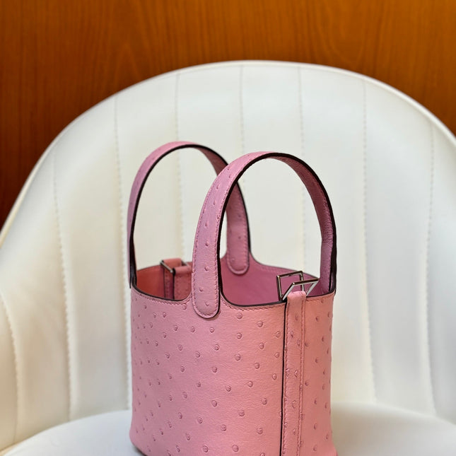 HM 25S PICOTIN LOCK 14 CM IN PINK OSTRICH WITH SILVER HARDWARE