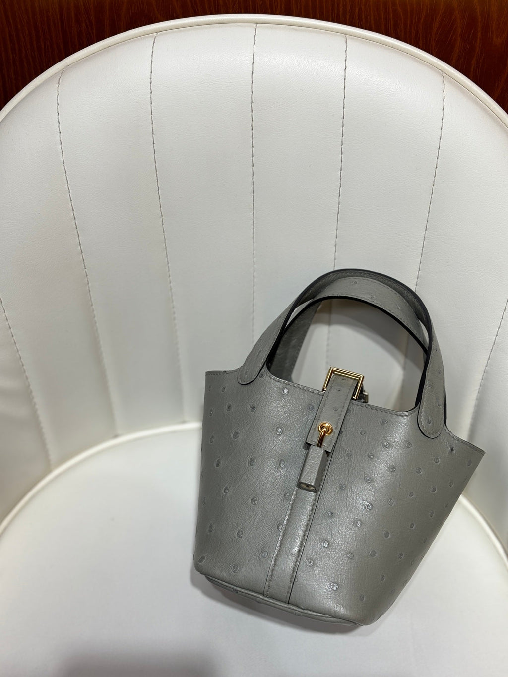 HM 25S PICOTIN LOCK 14 CM IN GREY OSTRICH WITH GOLD HARDWARE