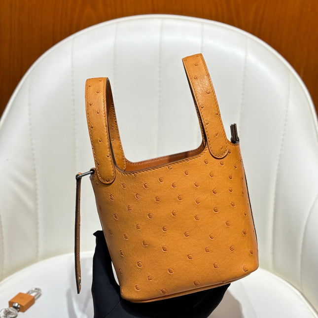 HM 25S PICOTIN LOCK 14 CM IN BURNT ORANGE OSTRICH WITH SILVER HARDWARE