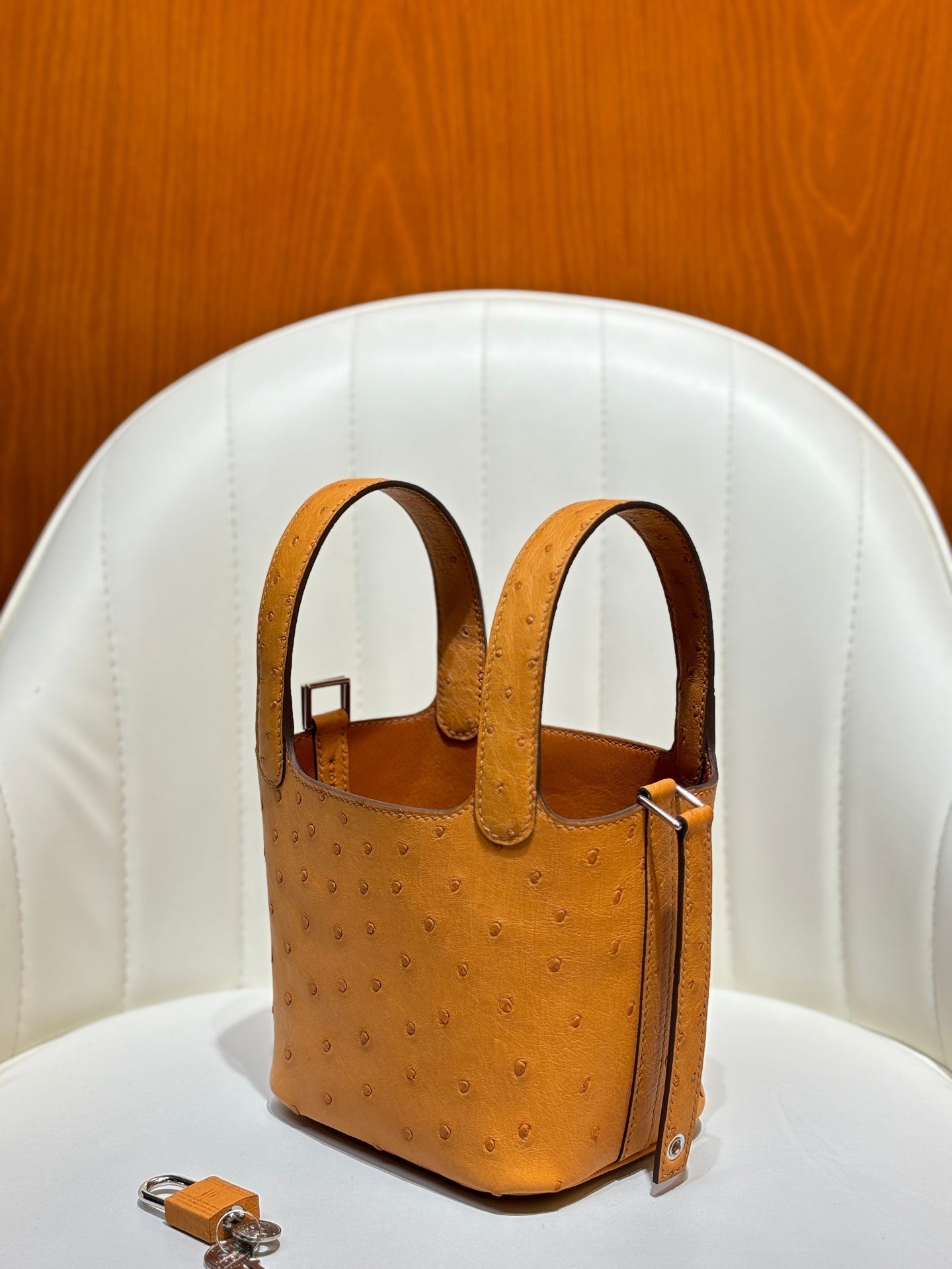 HM 25S PICOTIN LOCK 14 CM IN BURNT ORANGE OSTRICH WITH SILVER HARDWARE