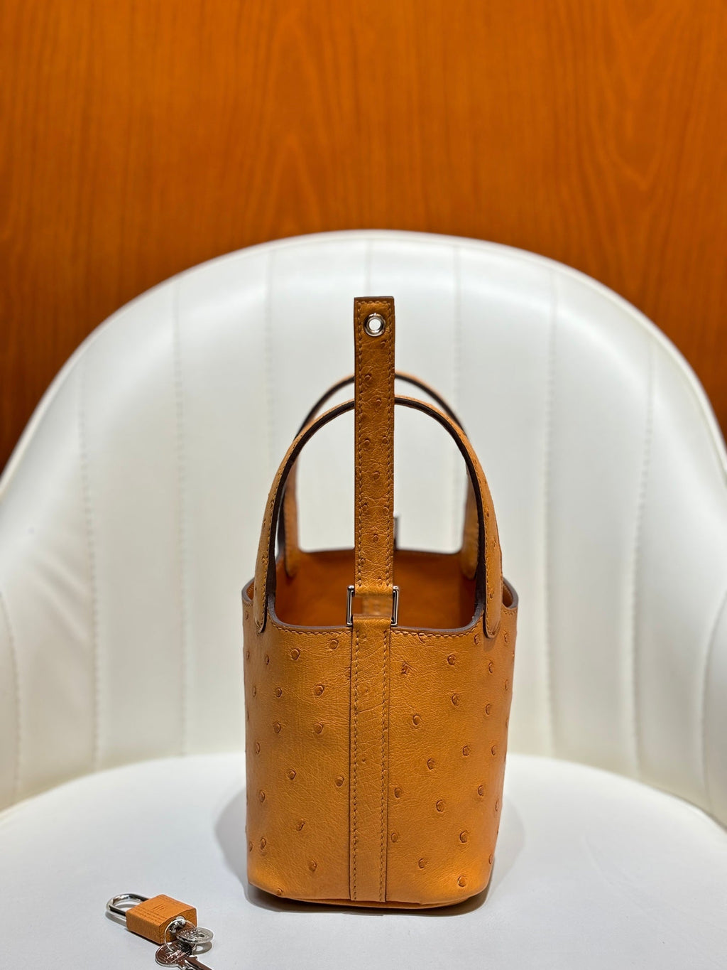 HM 25S PICOTIN LOCK 14 CM IN BURNT ORANGE OSTRICH WITH SILVER HARDWARE