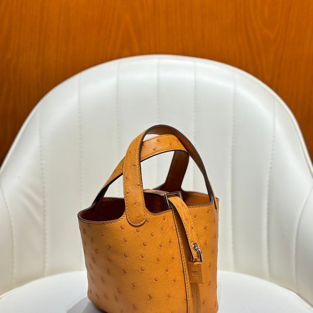 HM 25S PICOTIN LOCK 14 CM IN BURNT ORANGE OSTRICH WITH SILVER HARDWARE
