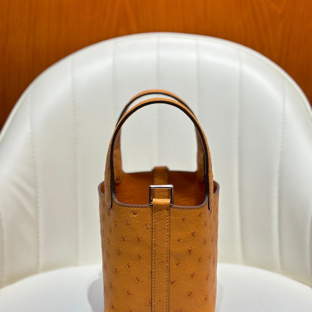 HM 25S PICOTIN LOCK 14 CM IN BURNT ORANGE OSTRICH WITH SILVER HARDWARE