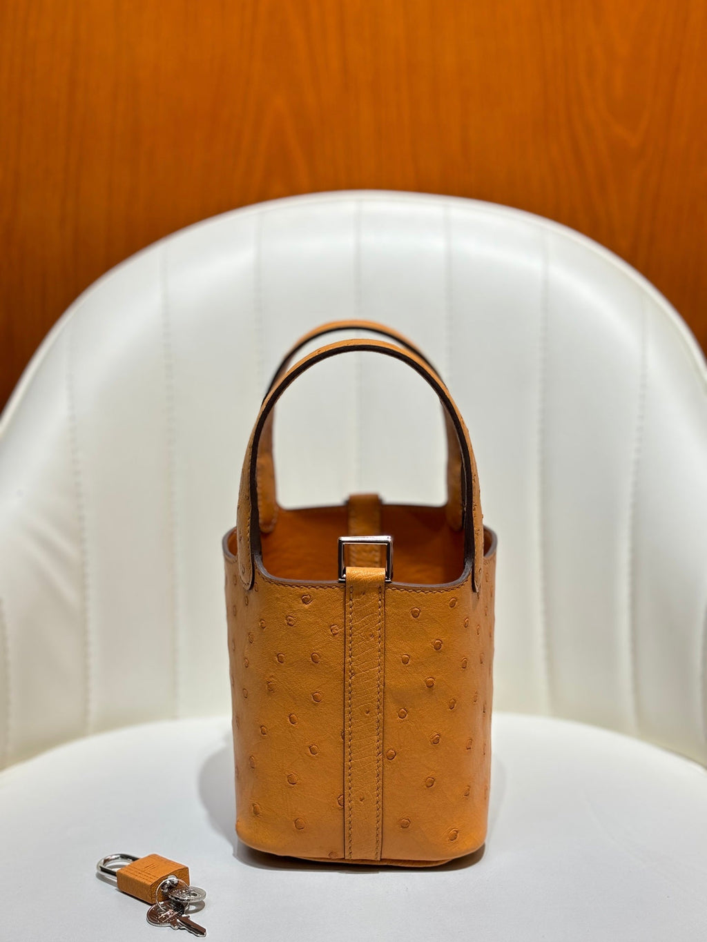 HM 25S PICOTIN LOCK 14 CM IN BURNT ORANGE OSTRICH WITH SILVER HARDWARE