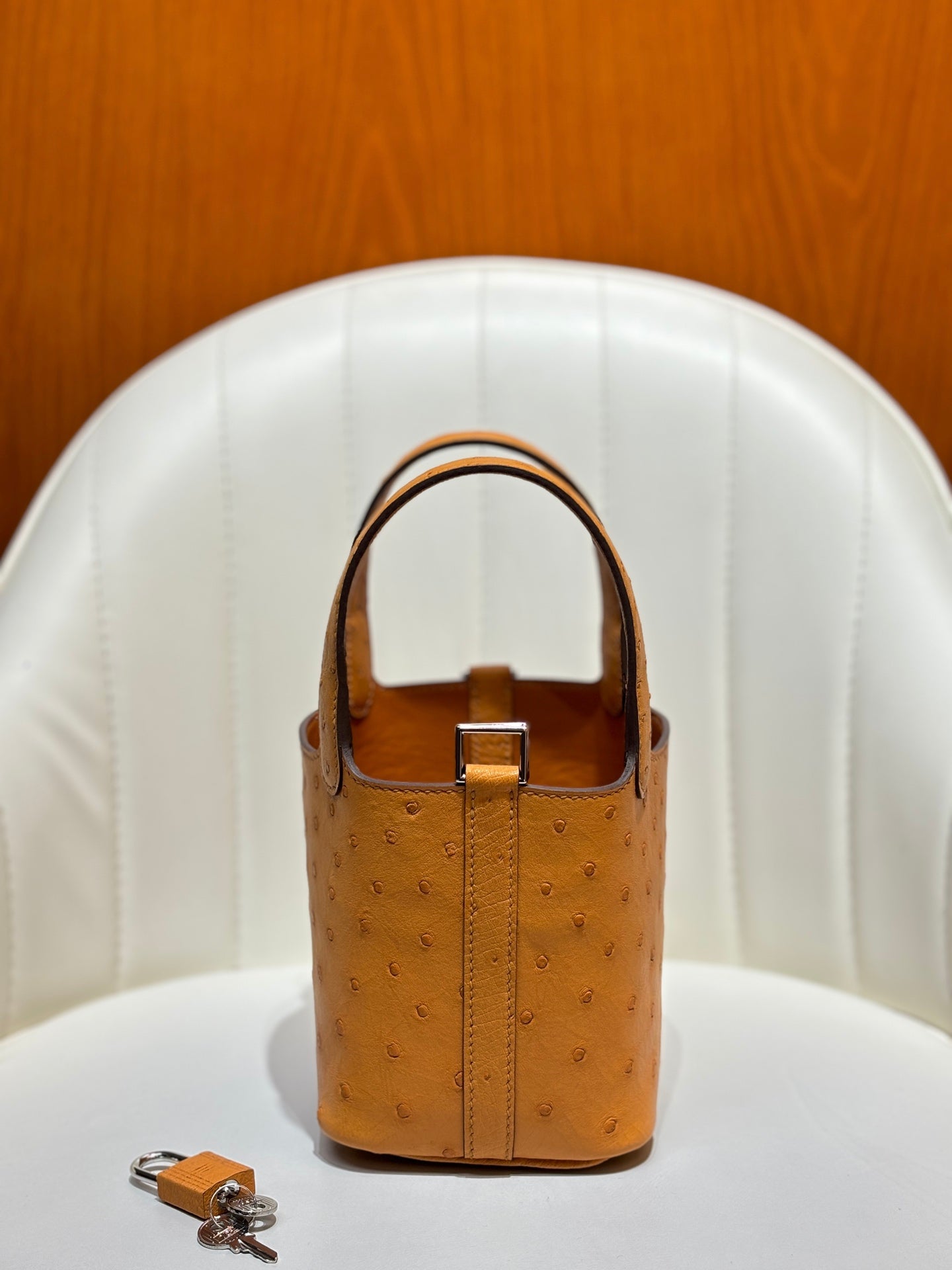 HM 25S PICOTIN LOCK 14 CM IN BURNT ORANGE OSTRICH WITH SILVER HARDWARE
