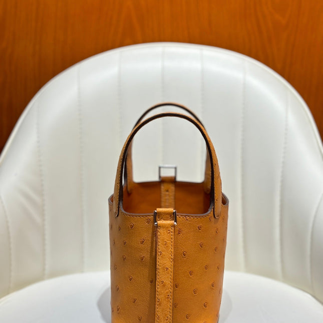 HM 25S PICOTIN LOCK 14 CM IN BURNT ORANGE OSTRICH WITH SILVER HARDWARE