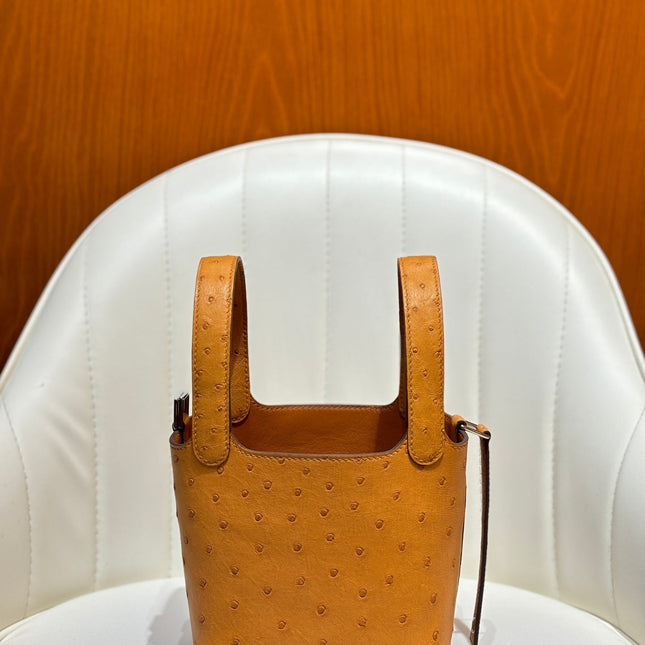 HM 25S PICOTIN LOCK 14 CM IN BURNT ORANGE OSTRICH WITH SILVER HARDWARE