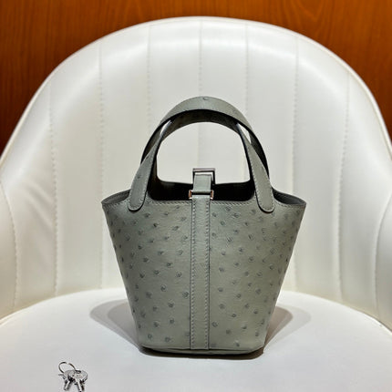HM 25S PICOTIN LOCK 14 CM IN GREY OSTRICH WITH SILVER HARDWARE