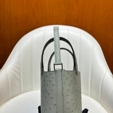 HM 25S PICOTIN LOCK 14 CM IN GREY OSTRICH WITH SILVER HARDWARE