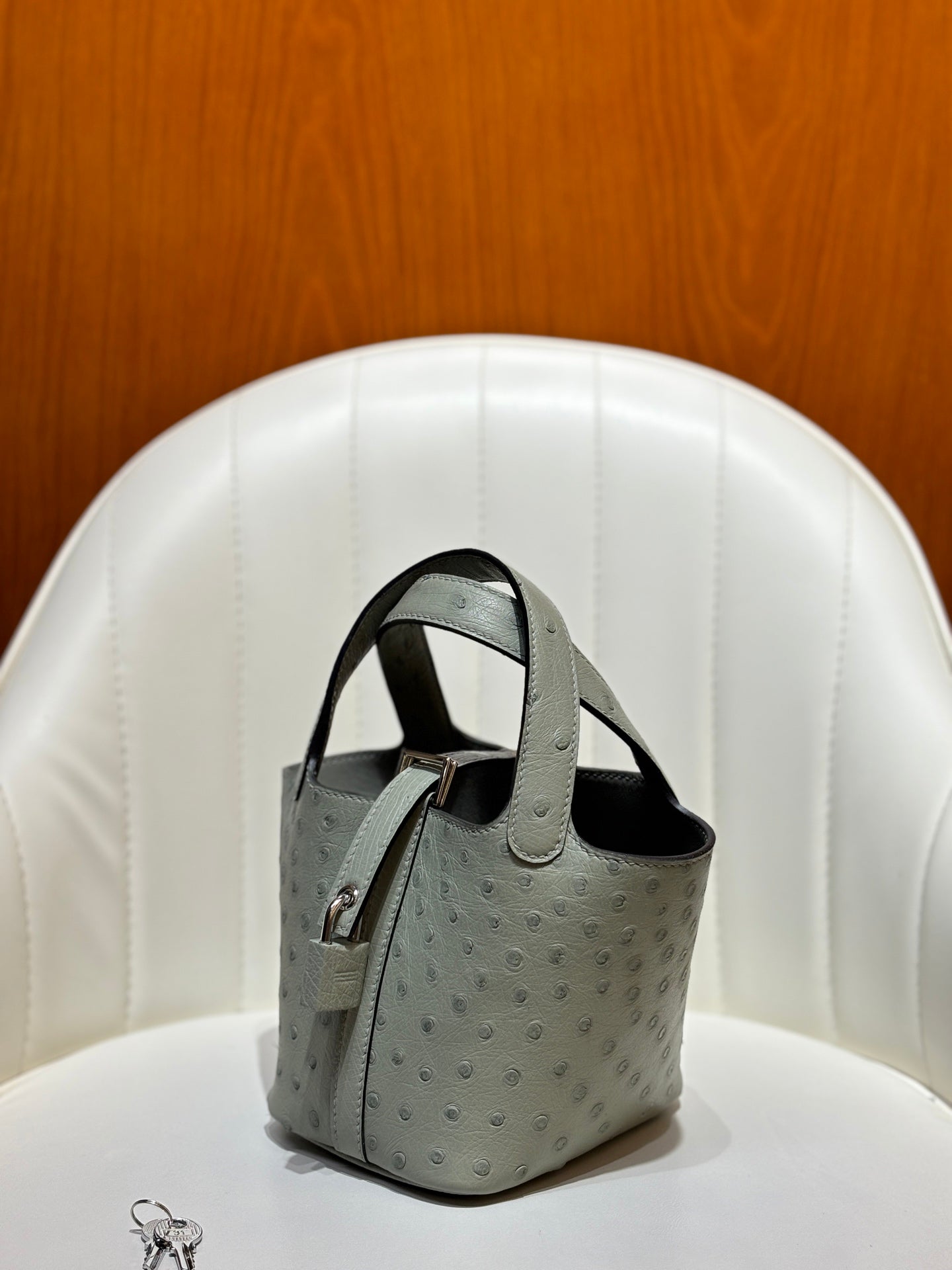 HM 25S PICOTIN LOCK 14 CM IN GREY OSTRICH WITH SILVER HARDWARE