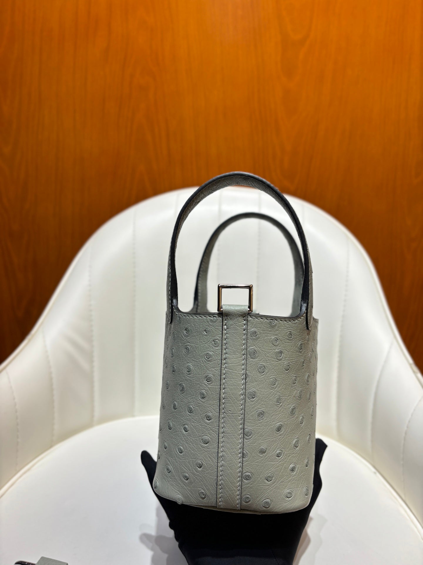 HM 25S PICOTIN LOCK 14 CM IN GREY OSTRICH WITH SILVER HARDWARE