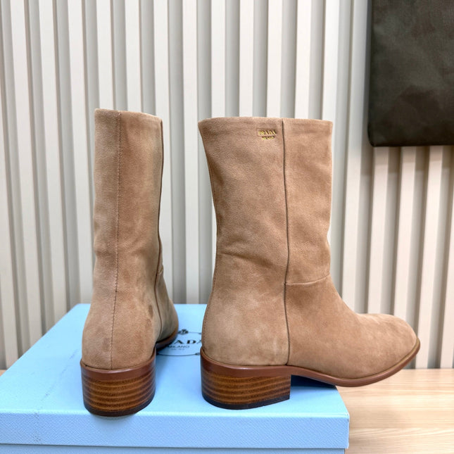 PRADA 25S LOW-CUT BOOTS IN LIGHT CARAMEL BROWN SUEDE